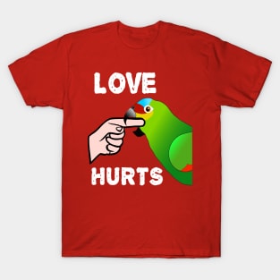 Love Hurts Red Lored Amazon Parrot Biting T-Shirt